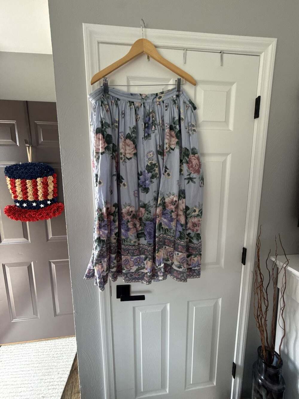 La Cera Vintage Blue Floral 100% Cotton Maxi Skirt Size Extra Large